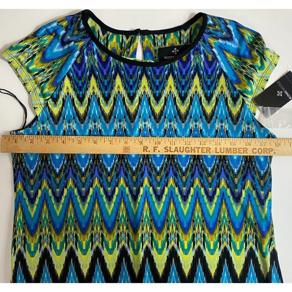 Ronni Nicole Blue/Green/Yellow Geometric Print Cap Sleeve Sheath Dress Size 6 - Picture 11 of 12